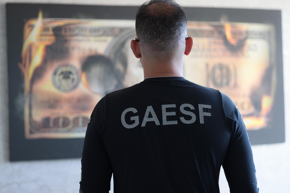 Quadro de dólar queimado na parede da casa de Ferreti — Foto: Anderson Macena