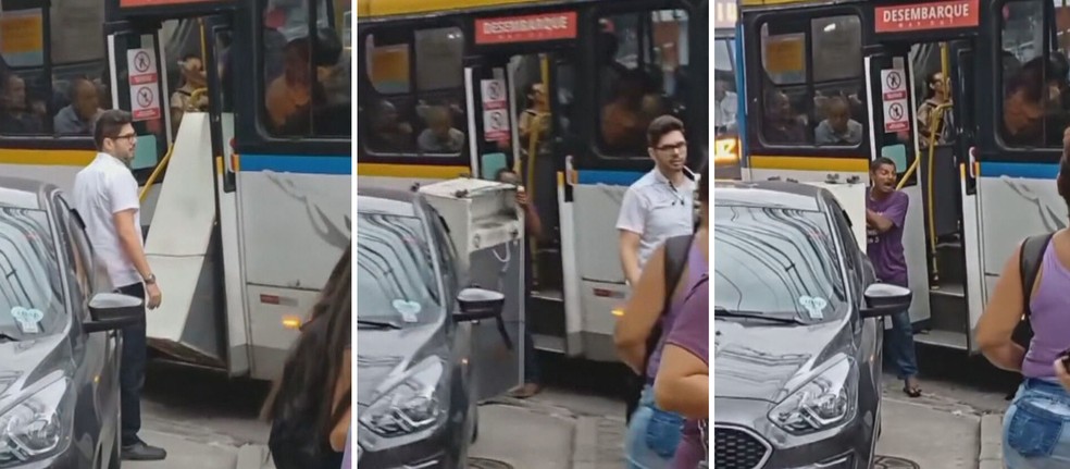 Homem tenta entrar com geladeira em ônibus do Rio de Janeiro — Foto: Reprodução/ TV Globo