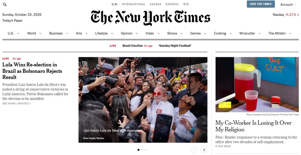 O New York Times destacou que a campanha petista venceu apesar da tendência direitista que vinha se espalhando pelo continente — Foto: Reprodução: New York Times