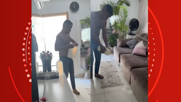 Momento em que o homem joga combustível para atear fogo na casa com esposa grávida dentro — Foto: Reprodução