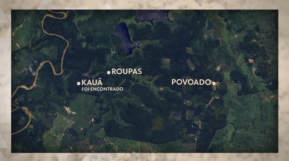 Mapa mostra onde Kauan foi encontrado, o ponto onde estavam as roupas dele e a distância entre esses pontos e o povoado. — Foto: Reprodução/TV Globo/Fantástico