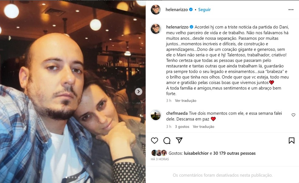 Post da chef Helena Rizzo falando do ex-marido e sócio. — Foto: Reprodução/Instagram
