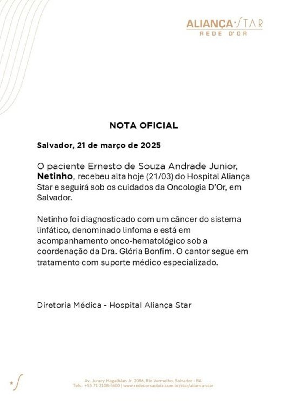 Nota divulgada por hospital informa que cantor Netinho está com câncer — Foto: Divulgação