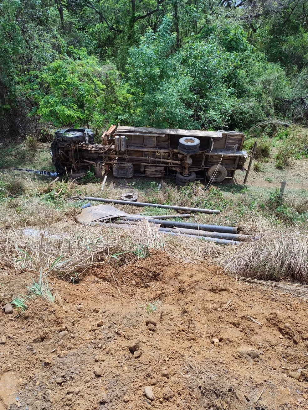 Caminhão caído à margem da rodovia após batida — Foto: Redes sociais