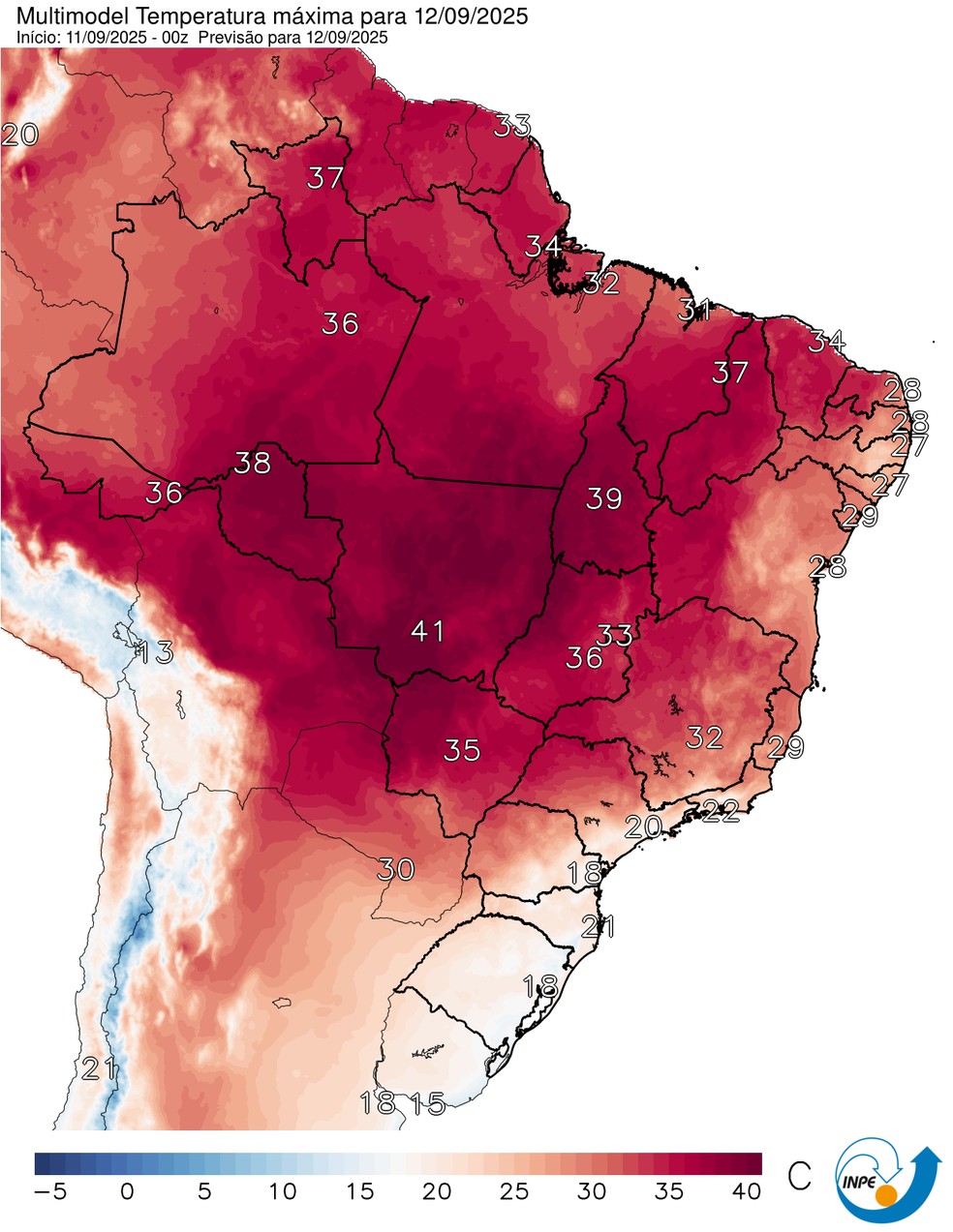 Mapa mostra previsão de temperatura máxima para esta sexta (12). — Foto: CPTEC/Inpe
