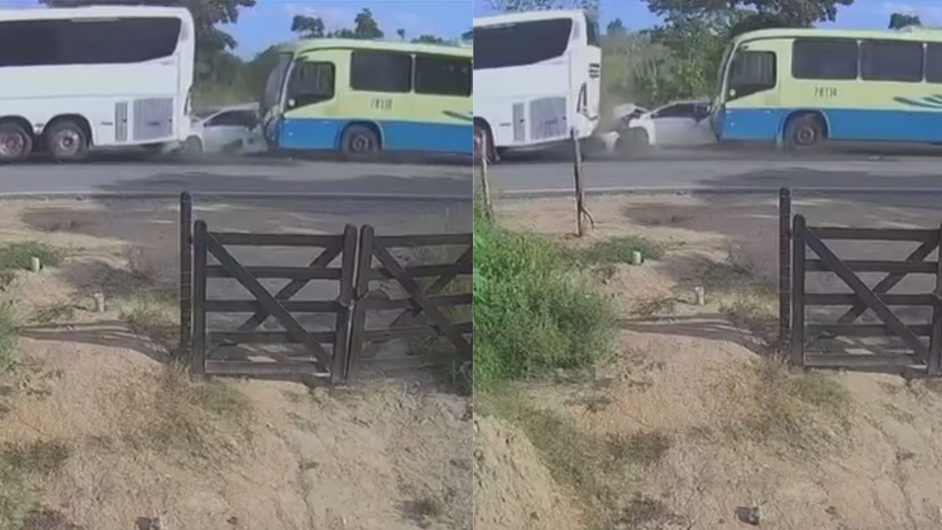 Carro fica destruído após ser esmagado entre dois ônibus em acidente na PE-90; VÍDEO