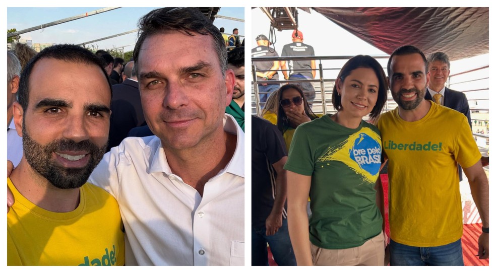 pastor e deputado distrital Thiago Manzoni (PL-DF) com Flávio Bolsonaro e Michelle Bolsonaro — Foto: Reprodução/Instagram