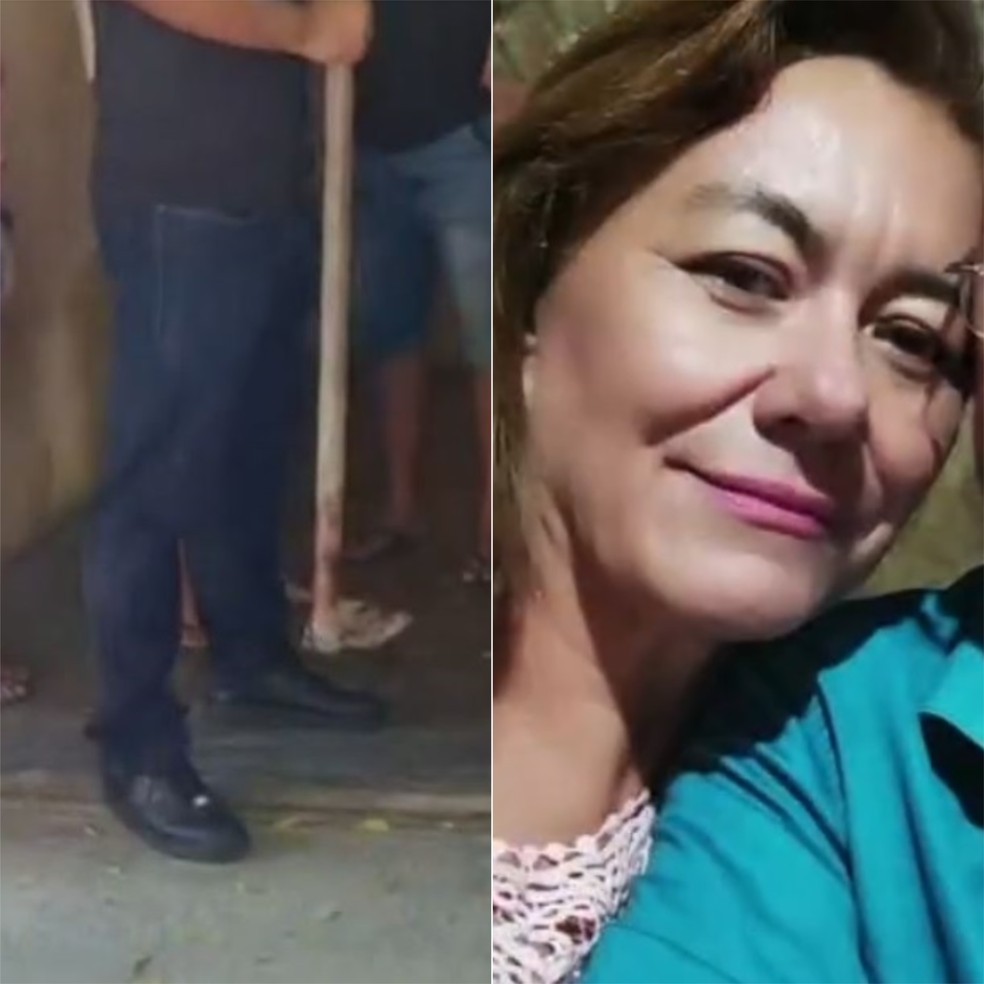 Enxada usada no crime sendo recolhida pelo Itep; e a vítima do crime — Foto: Reprodução/Inter TV Cabugi