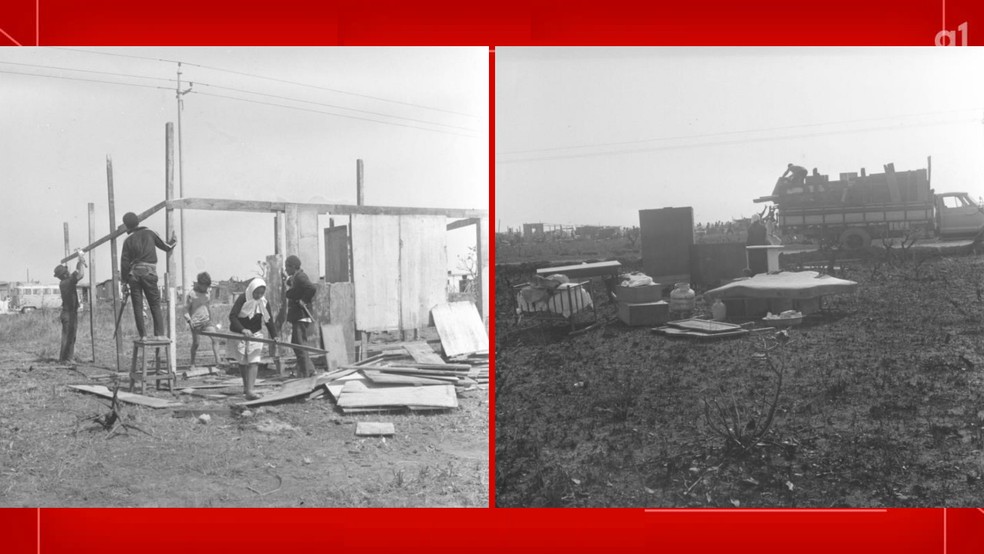 Família removida do IAPI reconstruindo casa em Ceilândia (à esquerda) e móveis de famílias removidas no terreno em Ceilândia (à direita) em 1971. — Foto: ArPDF/Reprodução