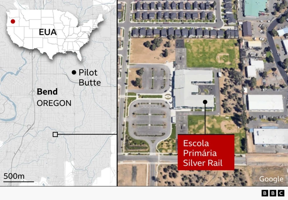 Arte mostra onde fica escola primária Silver Rail, em Bend, no estado de Oregon, nos Estados Unidos. — Foto: BBC