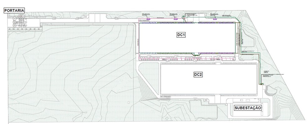 Planta do data center com investimentos da ByteDance (TikTok), no Pecém (CE), tem dois prédios principais com processadores, uma subestação de energia e espaço para ampliação — Foto: Reprodução
