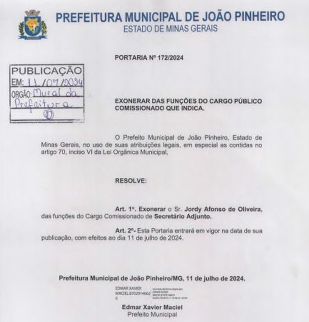 Exoneração de Jordy Afonso de Oliveira após o então secretário adjunto ser preso durante a operação Desmantelo 038 — Foto: Prefeitura de João Pinheiro/Reprodução