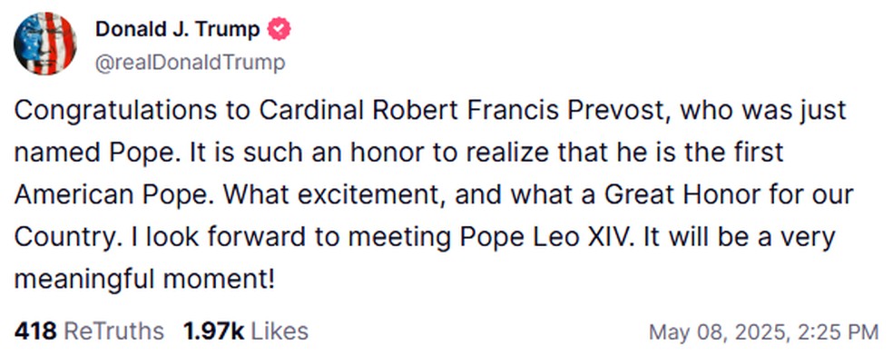 Donald Trump parabeniza novo papa, o norte-americano Robert Prevost — Foto: Reprodução