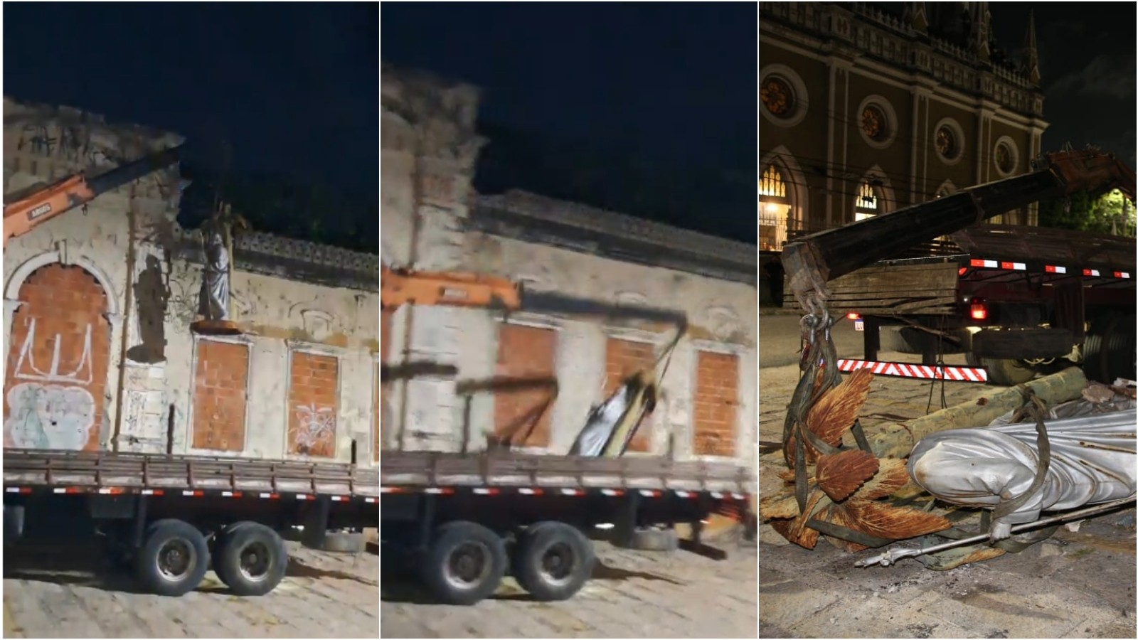 Estátua da Sagrada Família despenca de guincho em Fortaleza e sofre danos durante remoção​‌​