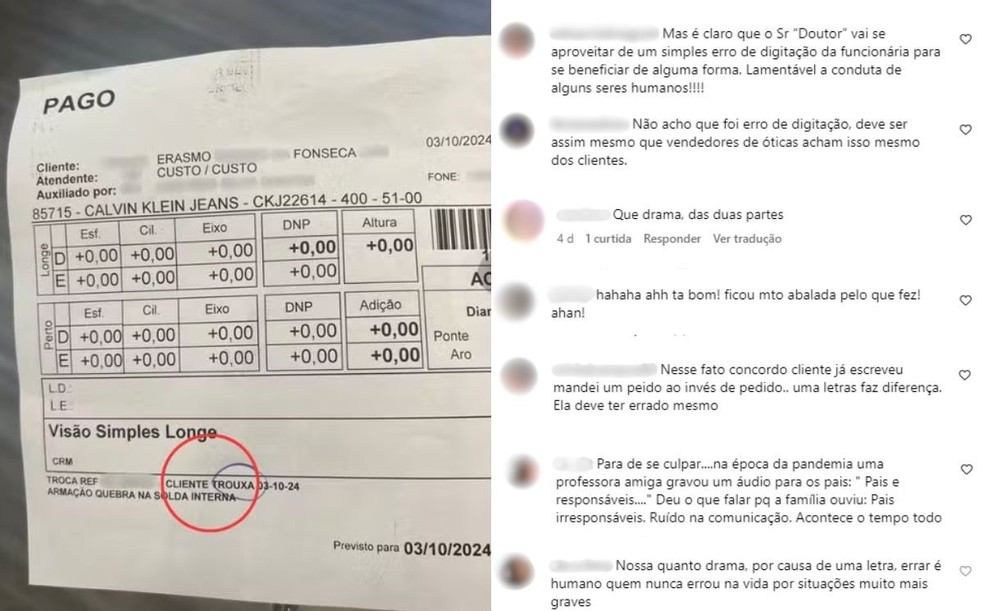 Advogado que recebeu nota escrito 'cliente trouxa' e funcionária de ótica lamentam comentários de internautas — Foto: Arquivo pessoal e Redes sociais