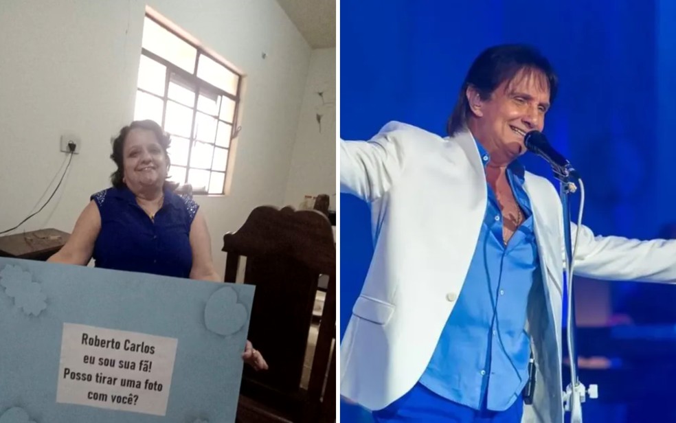 Pedagoga Aulendina Vieira se preparou para ver Roberto Carlos em Trindade, Gois  Foto: Reproduo/TV Anhanguera e Divulgao/TV Globo