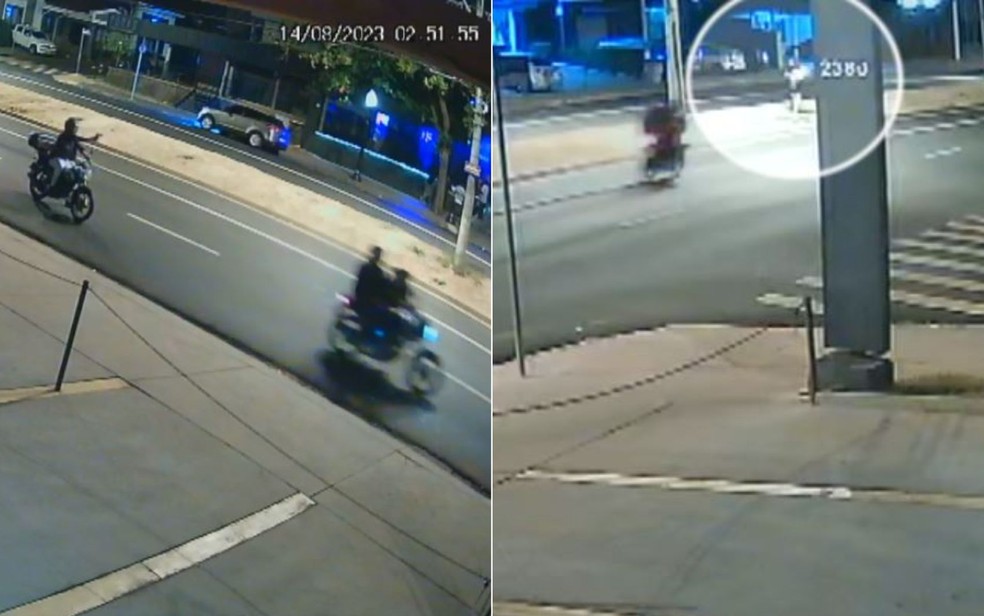 Imagens mostram momento em que motociclista atira contra dupla em moto e acaba atingindo mulher de 27 anos em Ribeirão Preto — Foto: Reprodução/Circuito de segurança