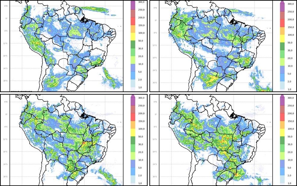  Imagens mostram avanço da frente fria do dia 28 a 31 de janeiro, da esquerda para direita, de cima para baixo — Foto: Divulgação/Cimehgo