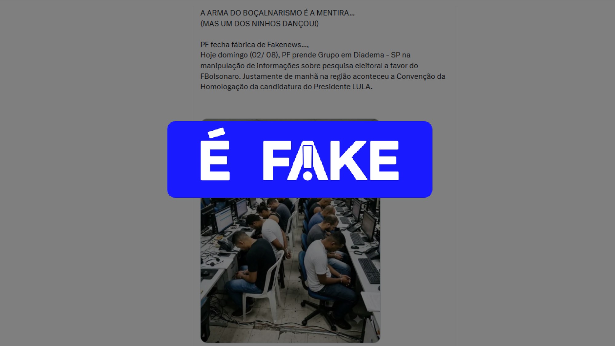 É #FAKE que PF descobriu 'fábrica de fake news' criada para beneficiar Flávio Bolsonaro; foto foi feita com inteligência artificial