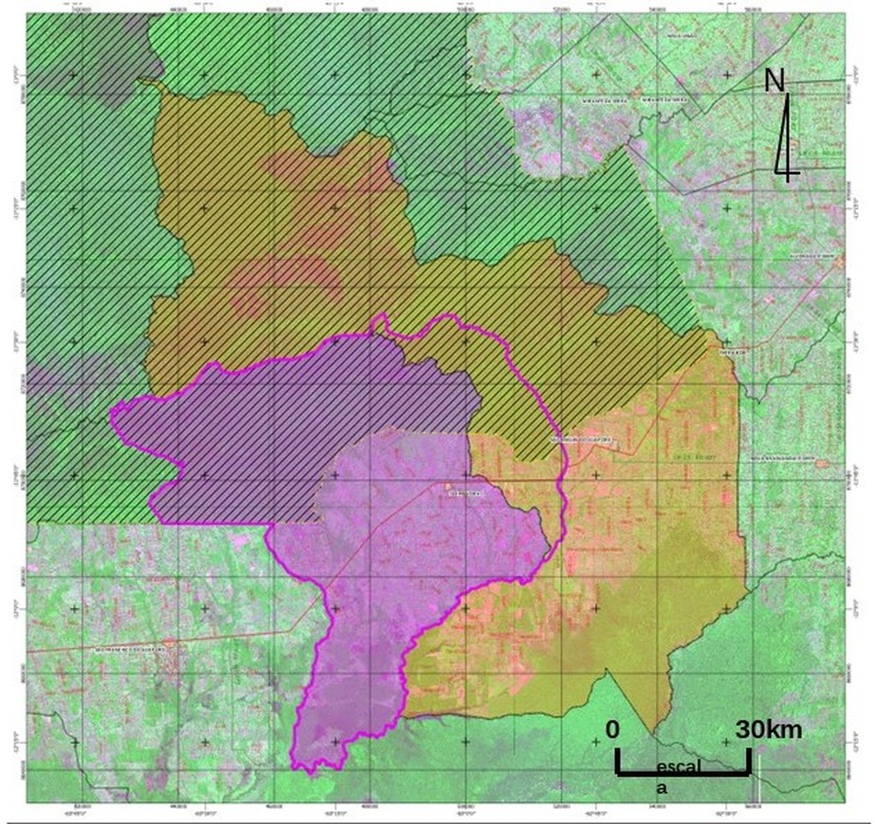 Área roxa do mapa, correspondente a Seringueiras, indica novo limite para o município na divisa com São Miguel — Foto: IBGE/Reprodução