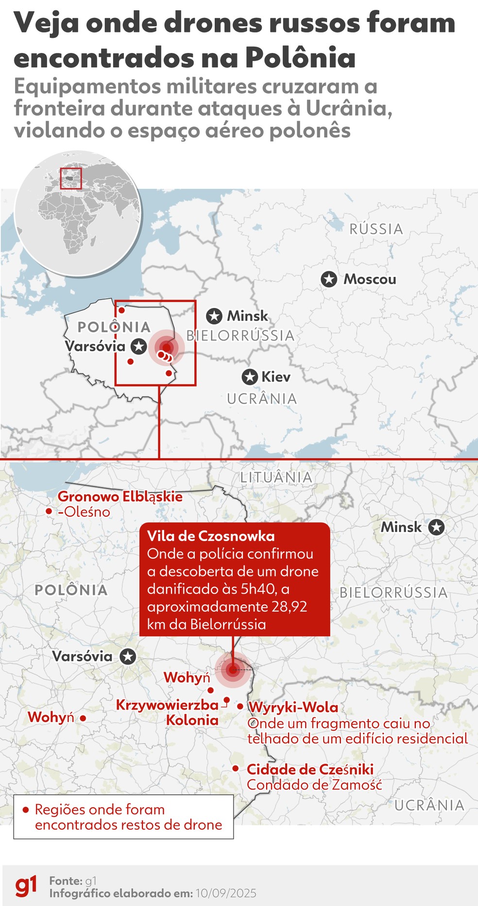 INFOGRÁFICO: drones abatidos na Polônia — Foto: Arte/g1