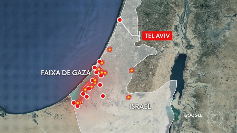 O ataque do Hamas a Israel começou nas primeiras horas da manhã deste sábado (7) — Foto: Jornal Nacional/ Reprodução