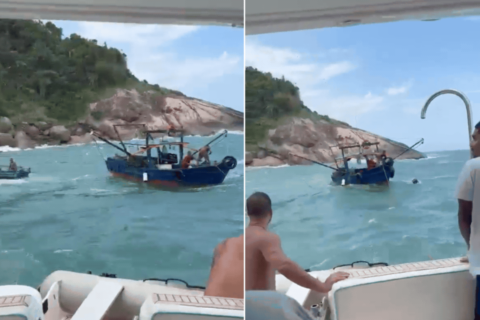 Barco pesqueiro à deriva é resgatado após mudança climática no litoral de SP; VÍDEO 