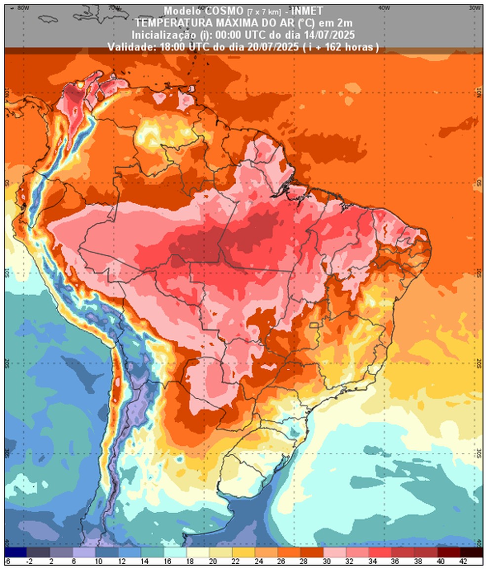 Previsão de temperatura máxima para o próximo domingo, 20 de julho de 2025, às 15h. — Foto: Inmet/Reprodução