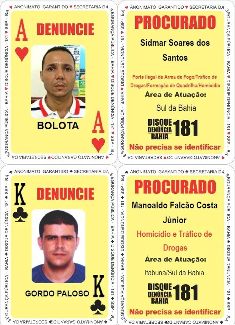 Bandidos estão na lista do 'Baralho do Crime' divulgado pelo Disque Denúncia da Bahia — Foto: Reprodução