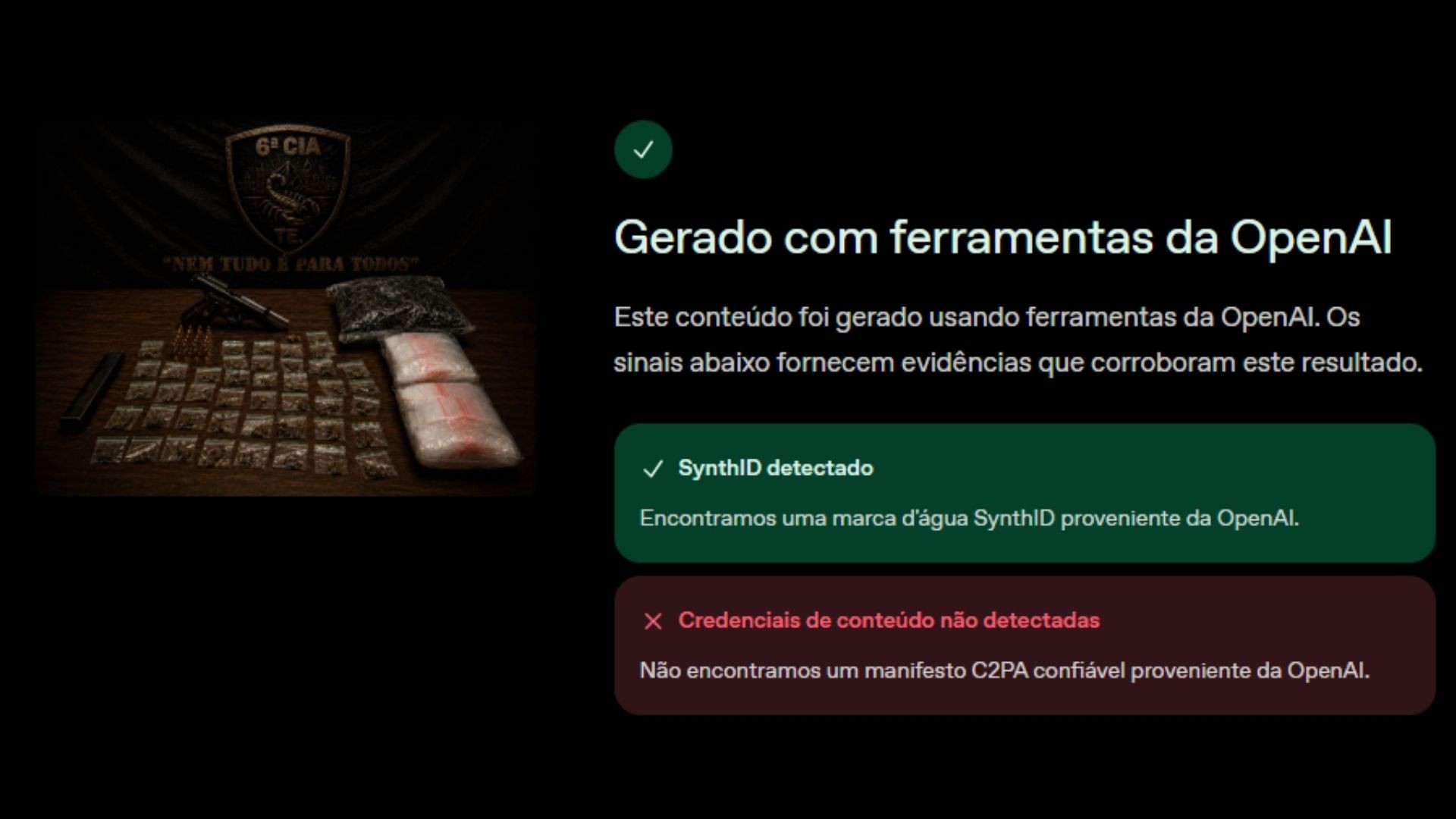 Ferramenta OpenAI Verify, da empresa criadora do ChatGPT, indicou a presença de SynthID em imagens divulgadas pela polícia no Espírito Santo. — Foto: Reprodução/OpenAI Verify