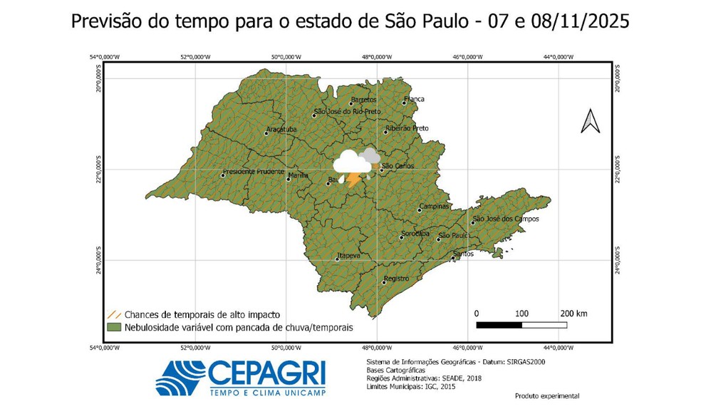 Previsão do tempo para o estado de São Paulo entre os dias 7 e 8 de novembro de 2025. — Foto: Reprodução/Cepagri