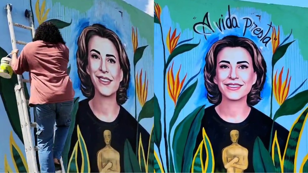 Mural em homenagem à atriz Fernanda Torres é pintado no Cariri do Ceará. — Foto: Reprodução