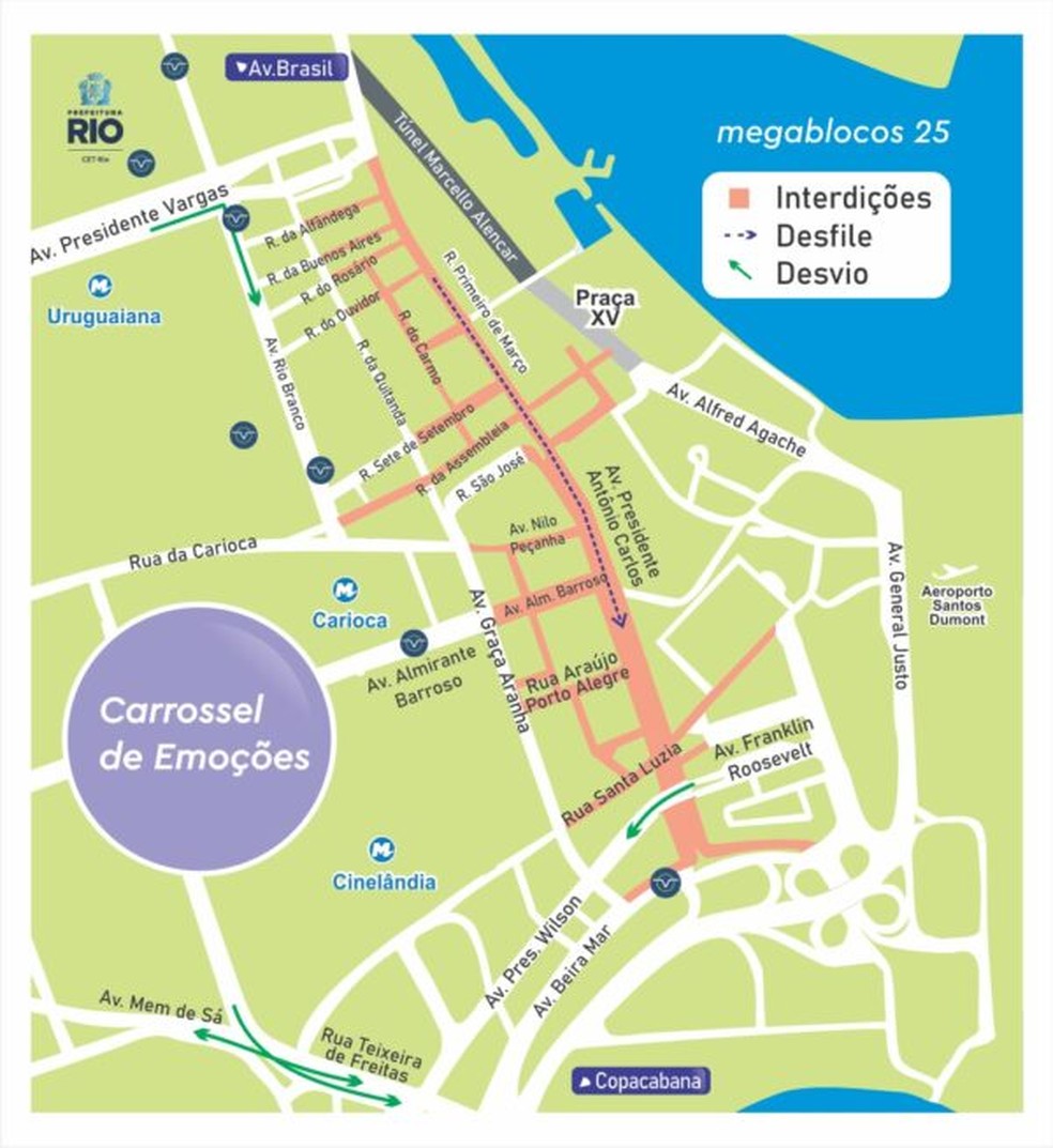 Esquema de trânsito para o megabloco Carrossel de Emoções — Foto: Centro de Operações Rio