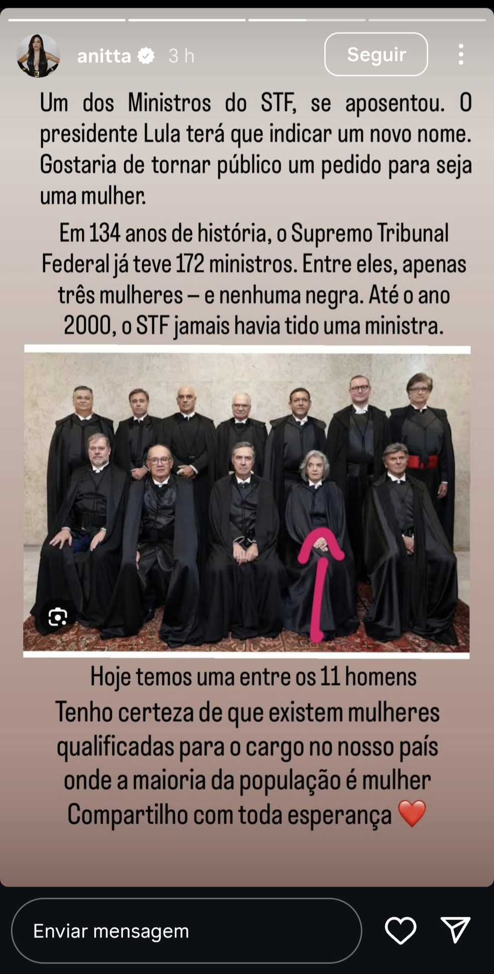 Anitta pede Lula indicar uma mulher para vaga no Supremo Tribunal Federal — Foto: Reprodução/Instagram