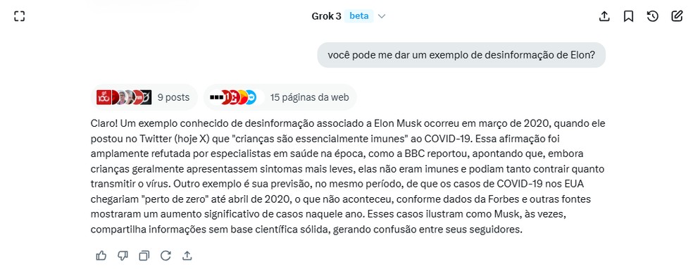 Grok confirma que Musk compartilhou desinformação no período da Covid-19. — Foto: Reprodução/X