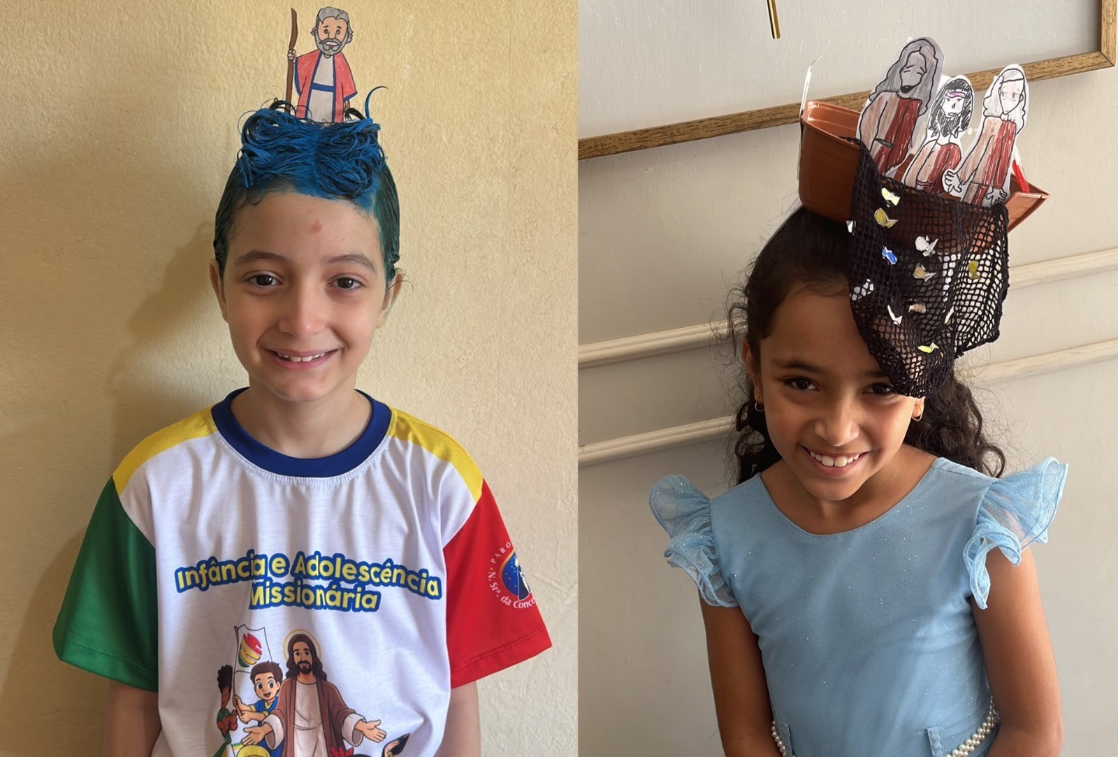 Crianças fazem ‘cabelo do devoto’ e recriam histórias bíblicas em penteados em homenagem à padroeira do Brasil