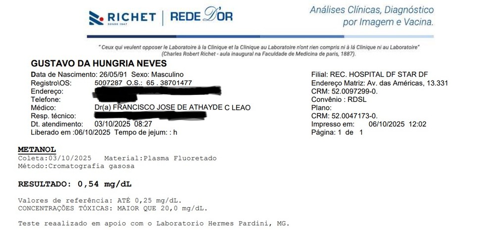Laudo mostra resultado 'positivo' para metanol no sangue do rapper Hungria — Foto: Reprodução
