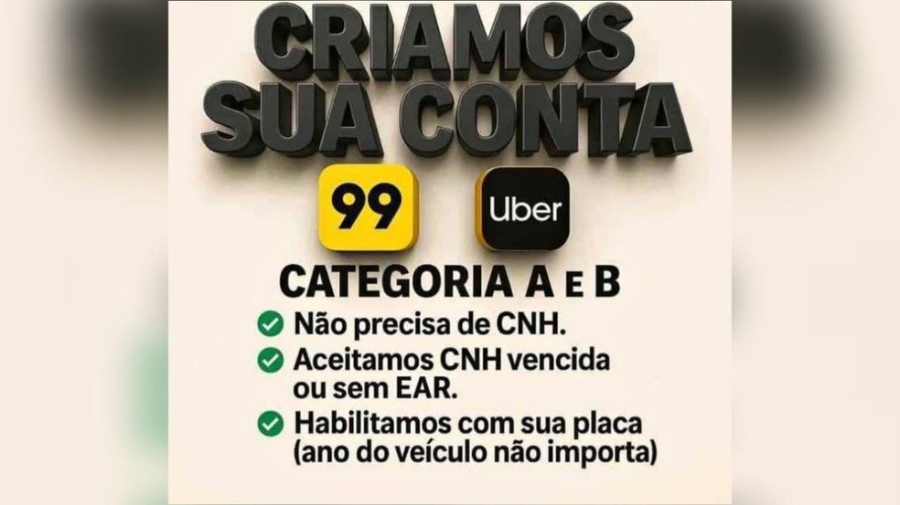 Anncios nas redes sociais prometem contas falsas para motoristas de aplicativo sem habilitao ou critrios exigidos pelas plataformas  Foto: Reproduo
