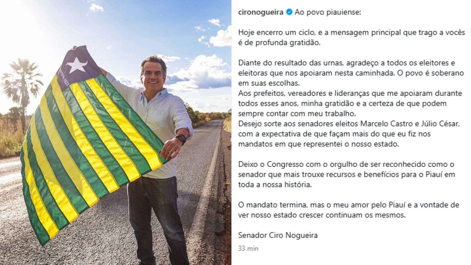Ciro Nogueira reconhece derrota em reeleição ao Senado pelo Piauí: 'o povo é soberano em suas escolhas'
