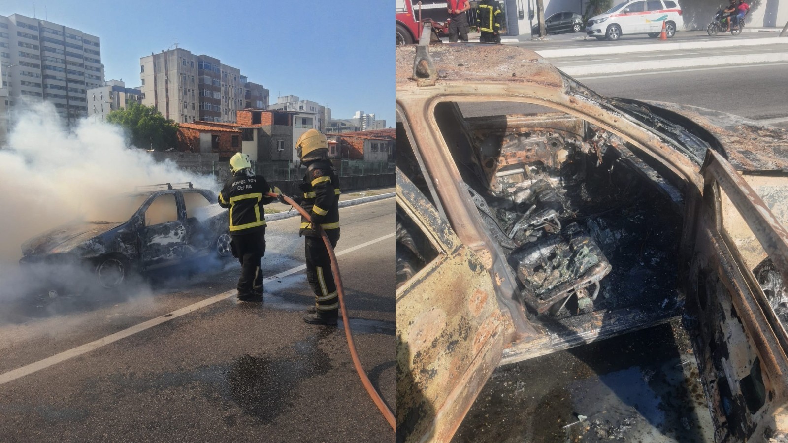 Carro pega fogo e veículo fica destruído na Via Expressa, em Fortaleza