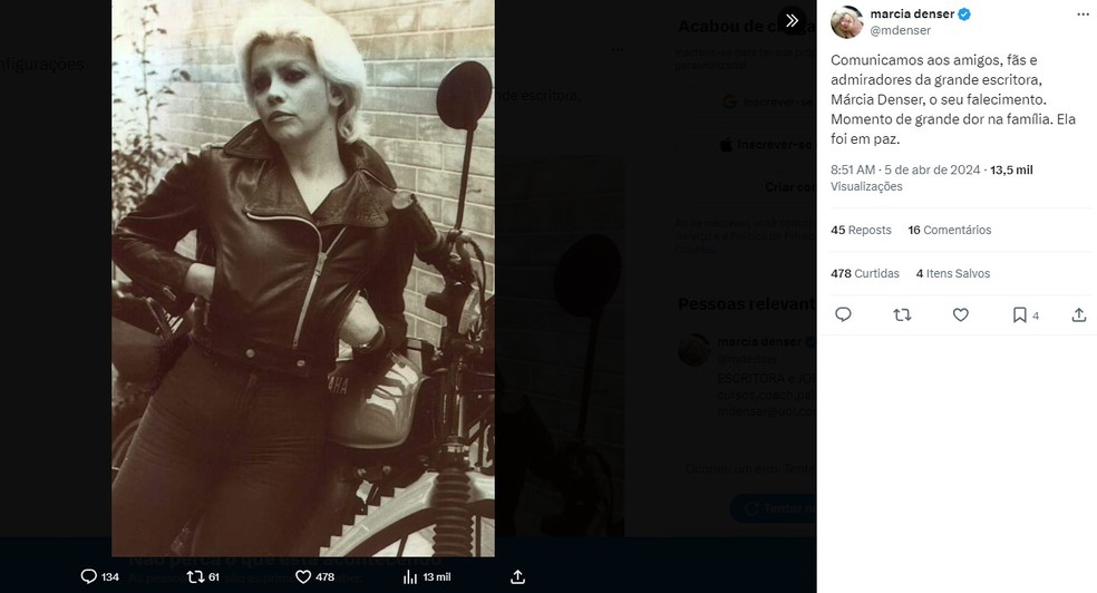 Escritora e jornalista Márcia Denser morre em SP — Foto: Reprodução/Redes sociais