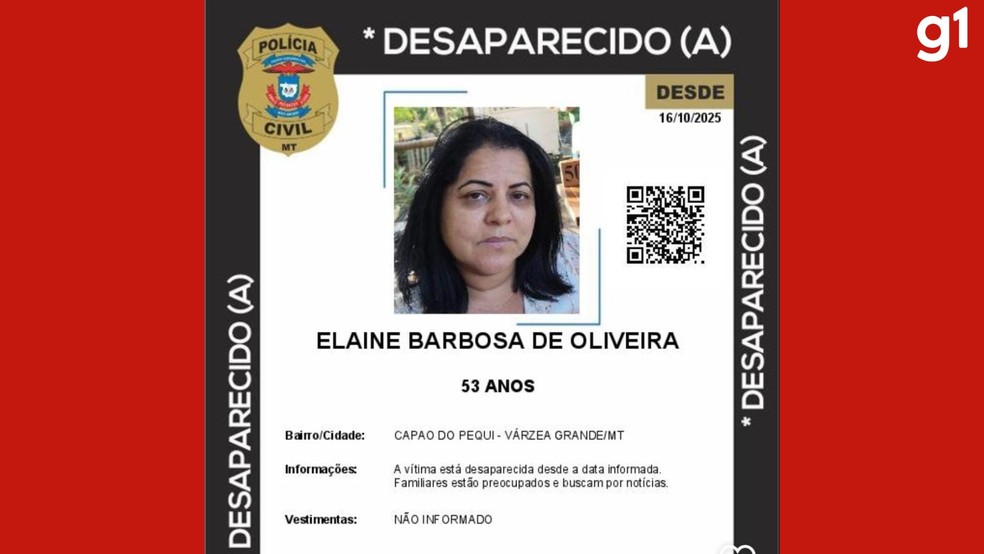 Elaine foi registrada como desaparecida no dia 16 de outubro — Foto: PJC
