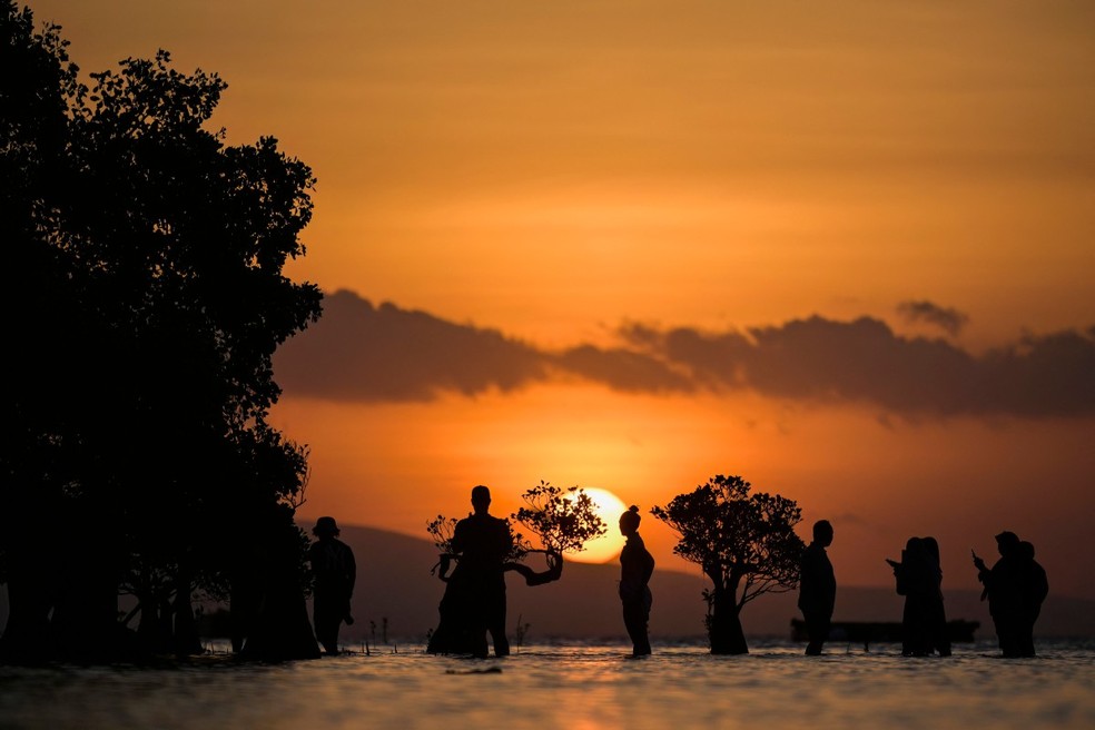 Pessoas em p&eacute; na &aacute;gua perto de manguezais durante o p&ocirc;r do sol na praia de Walakiri, em Waingapu, Sumba &mdash; Foto: Bay Ismoyo/AFP
