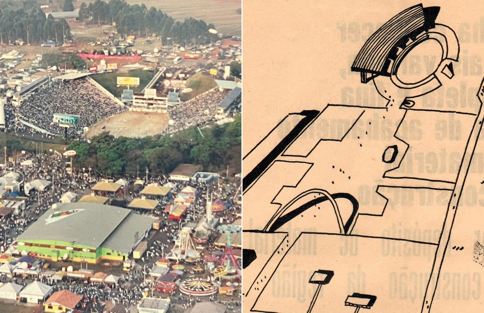 Estádio de rodeios do Parque do Peão nos anos 1990 e o projeto de Oscar Niemeyer para a Festa do Peão de Barretos — Foto: Acervo Os Independentes/Jornal O Diário