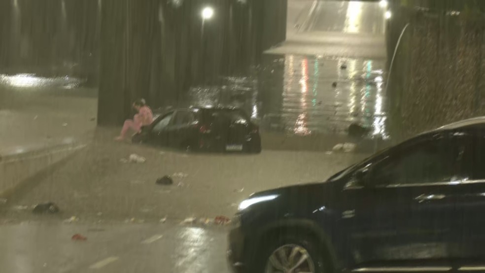 Mulher fica ilhada no Mergulhão, em Juiz de Fora — Foto: Reprodução/TV Integração