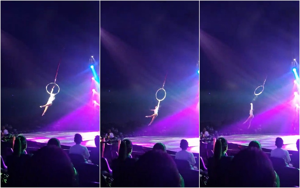 Trapezista cai durante apresentação de lira em circo, em Varginha, MG — Foto: Varginha 24h
