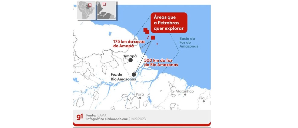 Infogr&aacute;fico mostra o local em que a Petrobras quer explorar petr&oacute;leo na bacia da Foz do Amazonas &mdash; Foto: Arte/g1