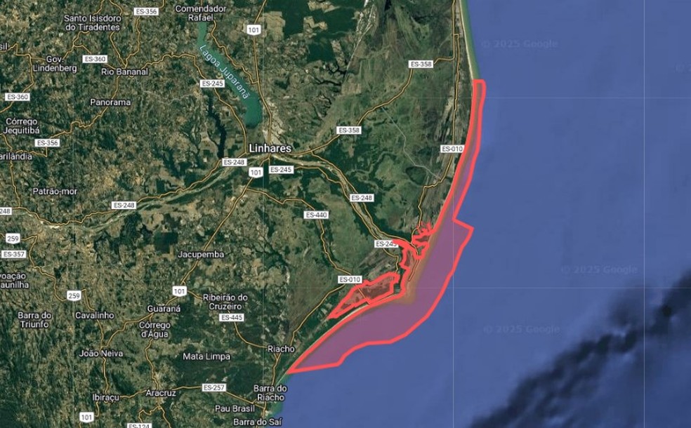 Área de Proteção Ambiental (APA) da Foz do Rio Doce, entre Aracruz e Linhares, no Espírito Santo — Foto: Reprodução/Google Maps/Ministério de Meio Ambiente
