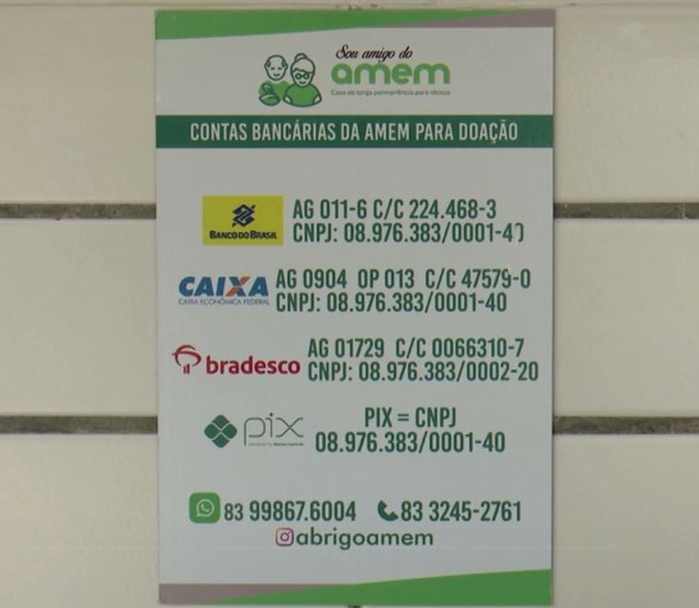 Instituição de longa permanência para idosos só aceita pix pela própria conta com o CNPJ da AMEM — Foto: TV Cabo Branco
