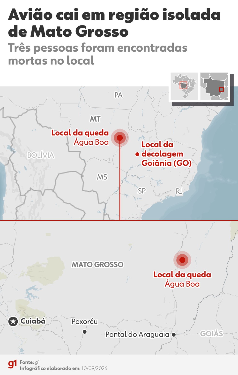 Sem plano de voo, avião saiu de Goiânia (GO) e caiu em Água Boa (MT) — Foto: Arte g1